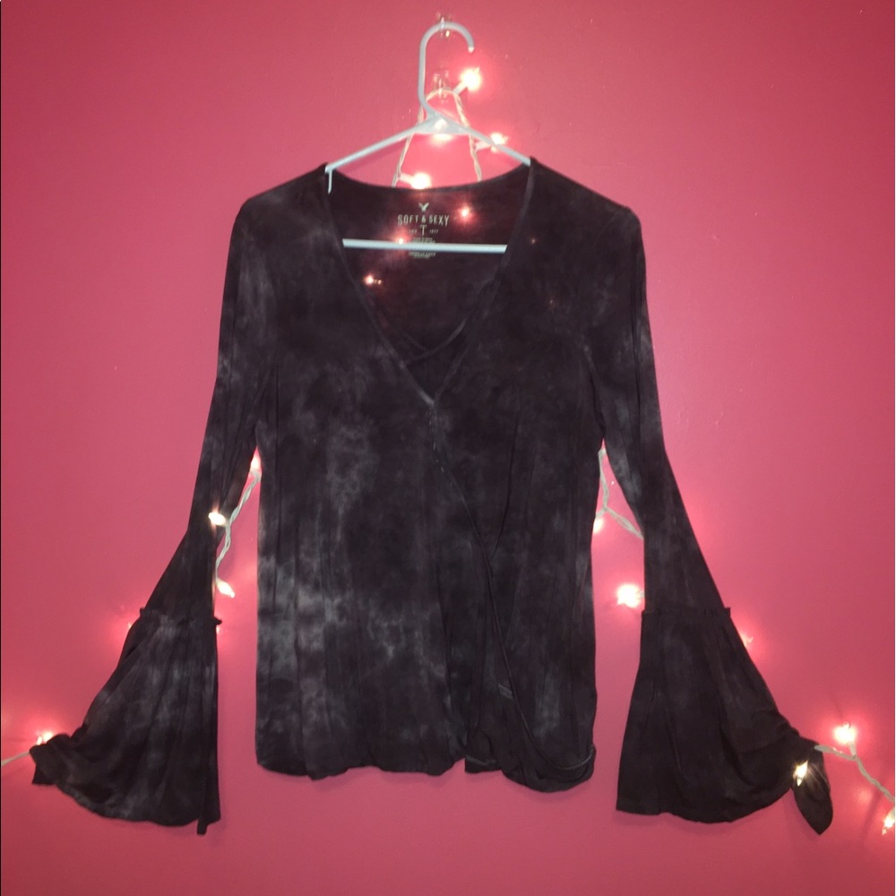 Acid Wash Flare Sleeve Shirt